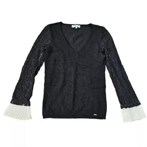 Morgan de Toi Sweater Lace Sleeve V Neck Black Size XS Knit Stretchy